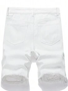 男士休闲纯色破洞流苏牛仔短裤，夏季 - 白色 - 查看 2