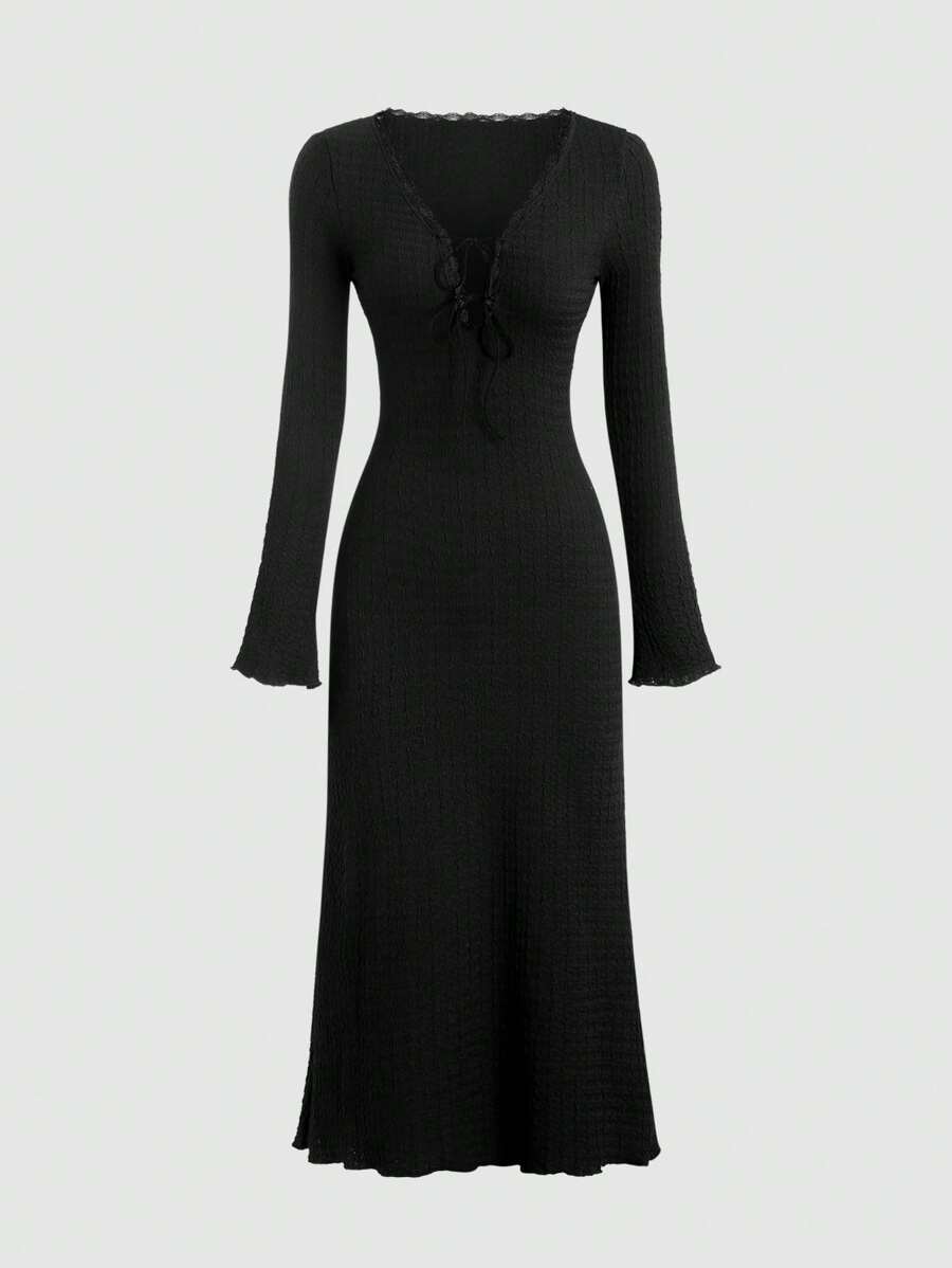 Sweetra Váy ôm body phối ren xếp ly phồng nhăn nhún Maxi trang phục thu cho nữ - màu đen - Xem 1