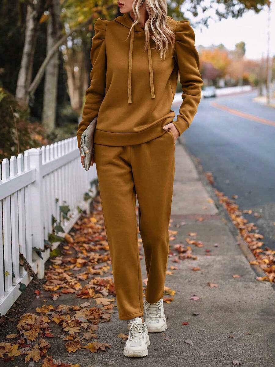 SHEIN LUNE Của phụ nữ Ống tay áo Dây rút Áo nỉ có mũ Và Quần thể thao Bộ - màu nâu - Xem 1