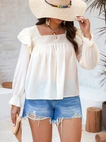 SHEIN Franclia Kích thước lớn Của phụ nữ Nếp uốn Ruffle Cạnh Trang trí Áo sơ mi - Màu be - Xem 4