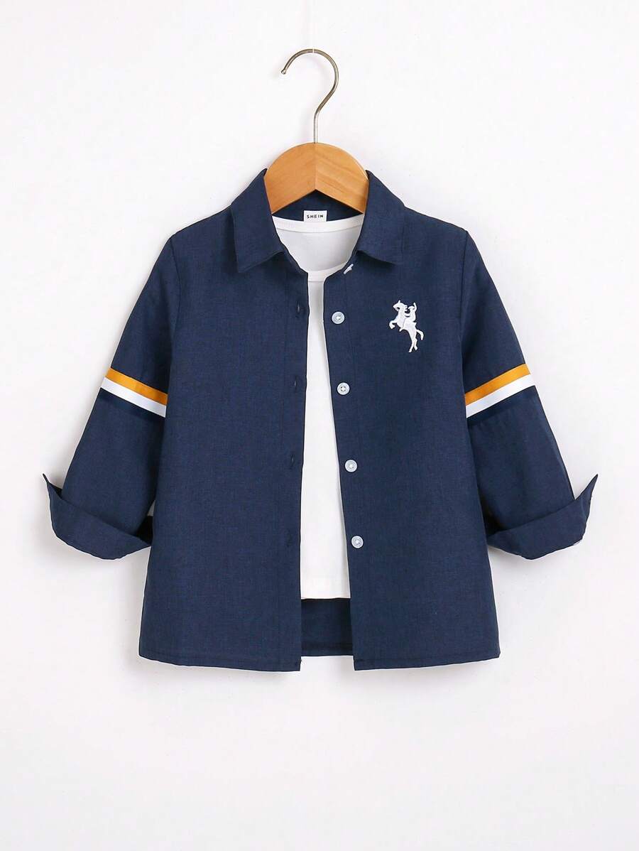 SHEIN 男童條紋刺繡衬衫,織帶細節 - 藏蓝色 - 查看 1