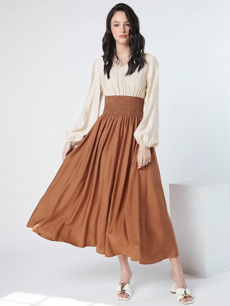 Women's V-Neck Colorblock Shirred Waist Dress