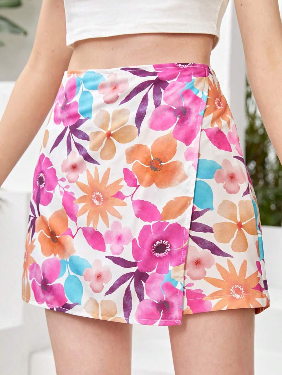 Teen Girl's Casual Floral Printed Skort For Vacation