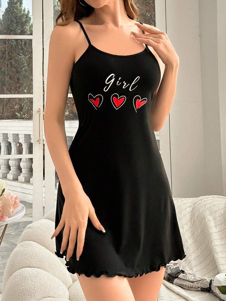 Heart Print Spaghetti Strap Sleep Dress Pajama Dress - Black - View 5
