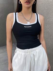 DAZY Letter Print Colorblock Trim U Neck Slim Fit Cropped Tank Top For Women - Black and White - View 7