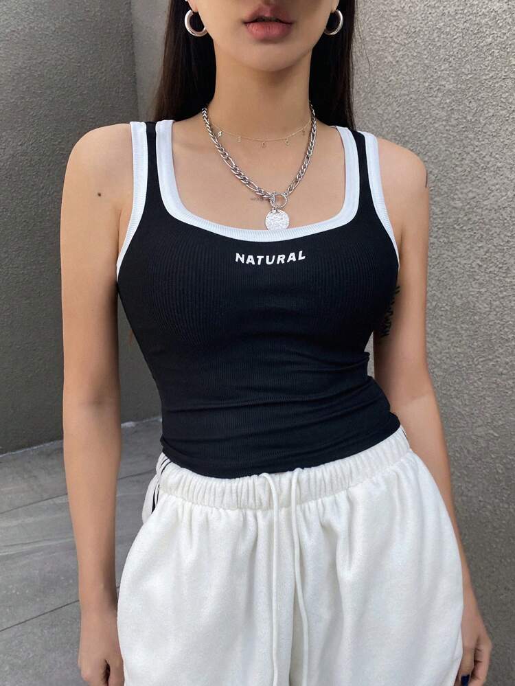 Letter Print Colorblock Trim U Neck Slim Fit Cropped Tank Top For Women