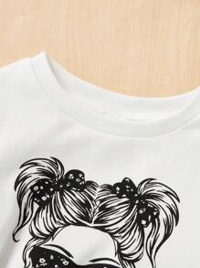 SHEIN Baby Girl Leisure Vacation Style Cartoon Character & Letter Print Round Neck T-Shirt With Floral Print Flare Pants Two Pieces Set - Black and White - View 6