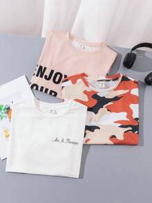 SHEIN 3 cái/bộ Cậu bé Tween Lỏng lẻo Ngụy trang In thư Ngắn tay Áo thun Với Vòng cổ - Nhiều màu - Xem 6