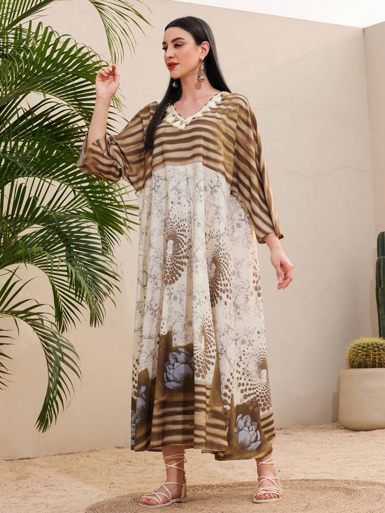 Ladies' Arabian Printed Batwing Sleeve Dress Kaftan Jalabiya Dress