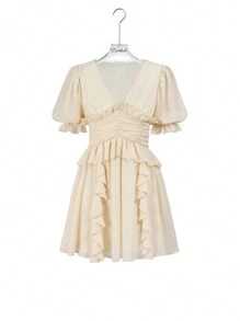 Enchnt 女性泡泡袖腰間壓褶a字裙 - 黃色 - 查看 8