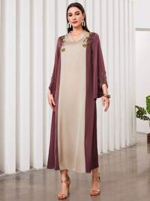 Al Najma 女士阿拉伯風格彩色拼接連衣裙,飾有鑽石 - 棕色 - 查看 4