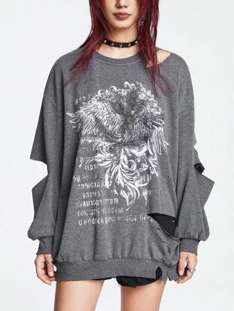 Grunge Punk Women's Distressed Oversized Wing & Letter Print Sweatshirt
