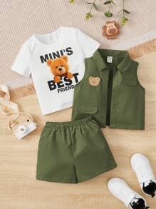 SHEIN Baby Boy's Short Sleeve Bear Print T-Shirt, Vest Outerwear, And Shorts 3pcs/Set - Green - View 2