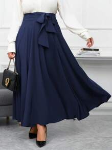 SHEIN Clasi Plus Size Solid Color Tie Belt Umbrella Skirt - Navy Blue - View 3