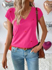 SHEIN LUNE Ngày lễ tình nhân Giường đôi Hình vẽ trái tâm Thêu Cổ v Áo thun - Màu Hồng Tươi - Xem 5