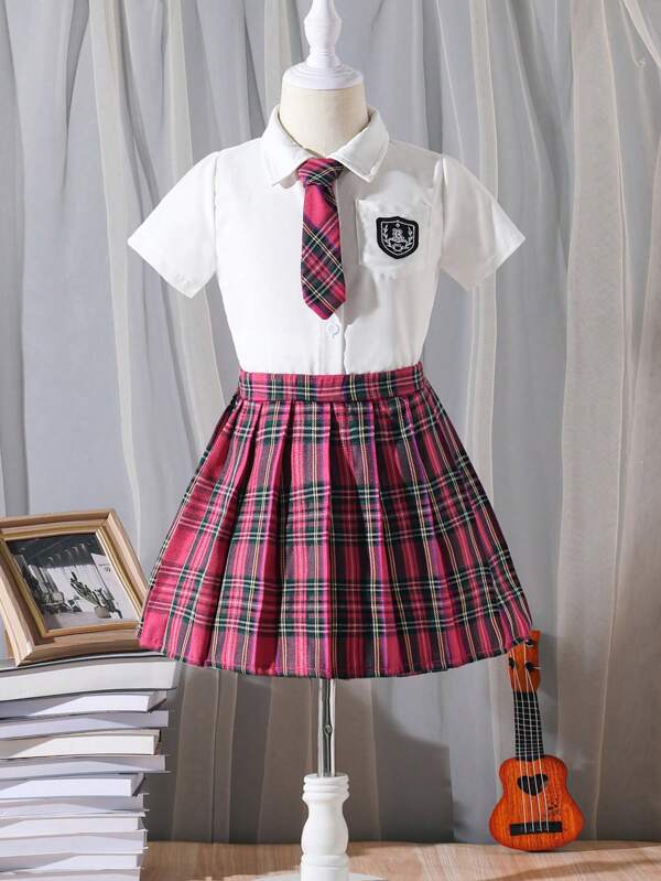 SHEIN Explorewe Young Girl Casual Shirt & Grid A-Line Skirt 2-Piece Set For Back To School Season