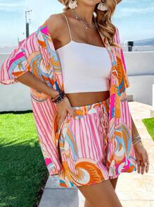 SHEIN Holidaya Graphic Print Drop Shoulder Blouse & Tie Front Shorts - Pink - View 3