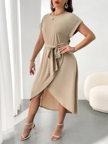 Flirla Plus Size Women's Batwing Sleeve Dress With Asymmetrical Hem - Apricot - View 3