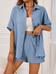 SHEIN Frenchy Ladies' Double Layered Gauze Shirt With Collar And Elastic Waist Shorts Spring/Summer Outfit - Blue - View 3