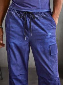 Manfinity VCAY 2pcs/Set Knitted Casual Solid Color High Neck T-Shirt And Drawstring Pocket Pants - Blue - View 4