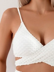SHEIN Swim Solid Color Textured Bandeau Bikini Swimwear Set Summer - White - View 3
