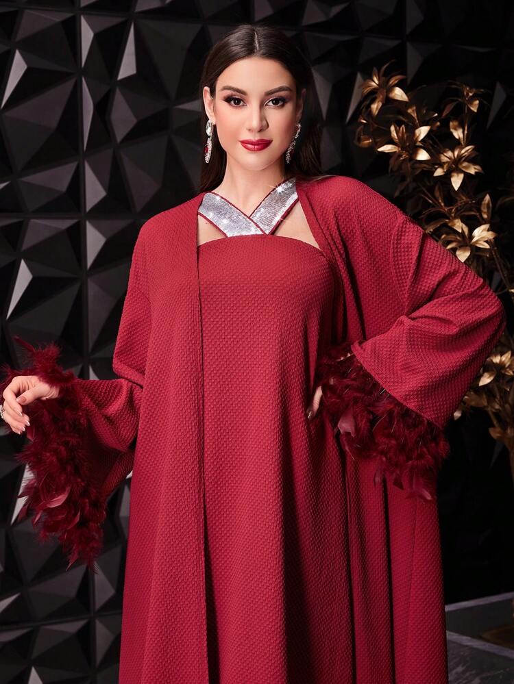 Burgundy Red Women's Solid Color Simple Style Diamond Decor Dress Coat 2pcs Set 2 Pieces Set