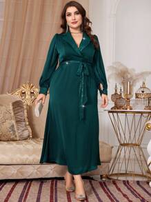 Modelyn 大尺碼翻領腰帶亮片裝飾連身裙 - 墨綠色 - 查看 4