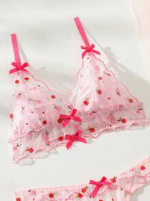 SHEIN Bộ đồ lót xuyên thấu và áo ngực lưới thêu hoa dành cho nữ - Hồng - Xem 5