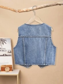SHEIN Sparklyn Tween Girl Y2K Flap Pocket Button Front Vest Denim Top