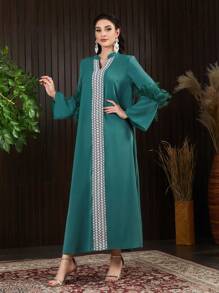 Al Najma Geometric Pattern Notched Neckline Fuzzy Decorated Dress - Green - View 8