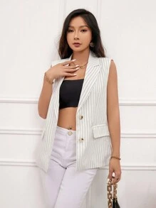 GENKIRA Ngẫu nhiên Sọc Bộ đồ Áo vest - trắng - Xem 4