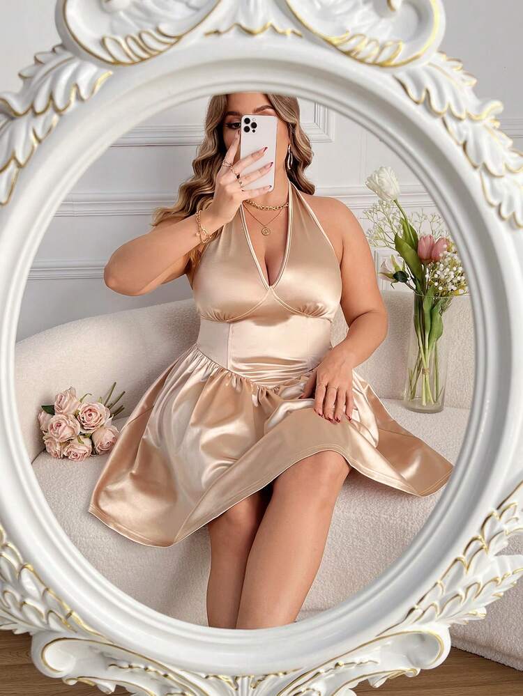 Plus Size Women's Satin & Satin Halter Neck Skater Dress