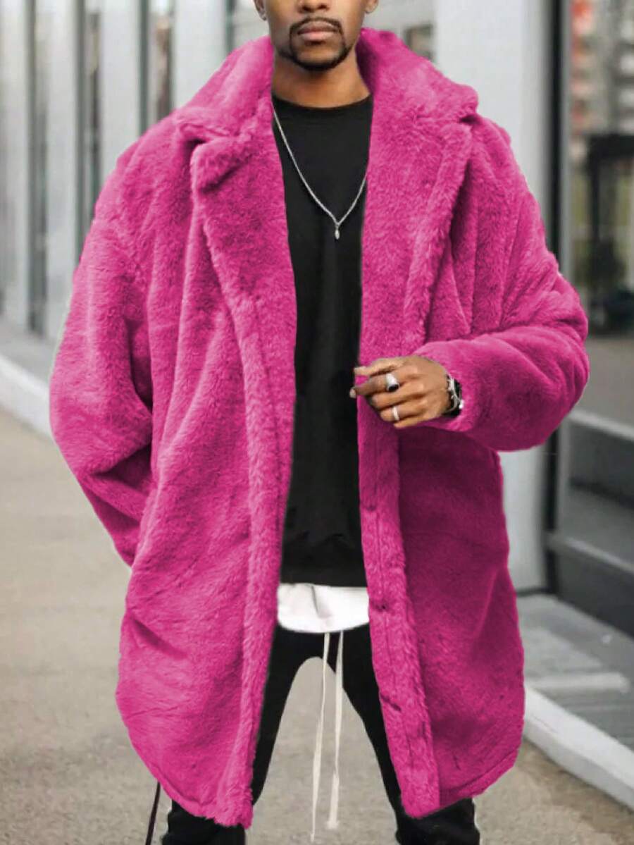 Manfinity Homme Men's Turn-Down Collar Drop Shoulder Long Sleeve Fuzzy Coat - Rose Red - View 1