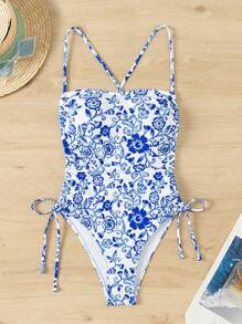 SHEIN Swim 女士简洁修身连体泳衣，花卉印花，侧结设计，适合游泳、度假、夏季海滩穿着 - 藍白色 - 查看 8