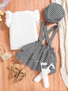 SHEIN Young Girl Comfortable & Simple & Elegant Ribbed Round-Neck Top And Overall Houndstooth Skirt Two-Piece Set For Summer - White - View 2