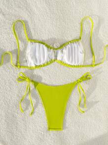 SHEIN Swim 女款夏季海灘3D花裝飾霓虹比基尼套裝 - 綠色 - 查看 4