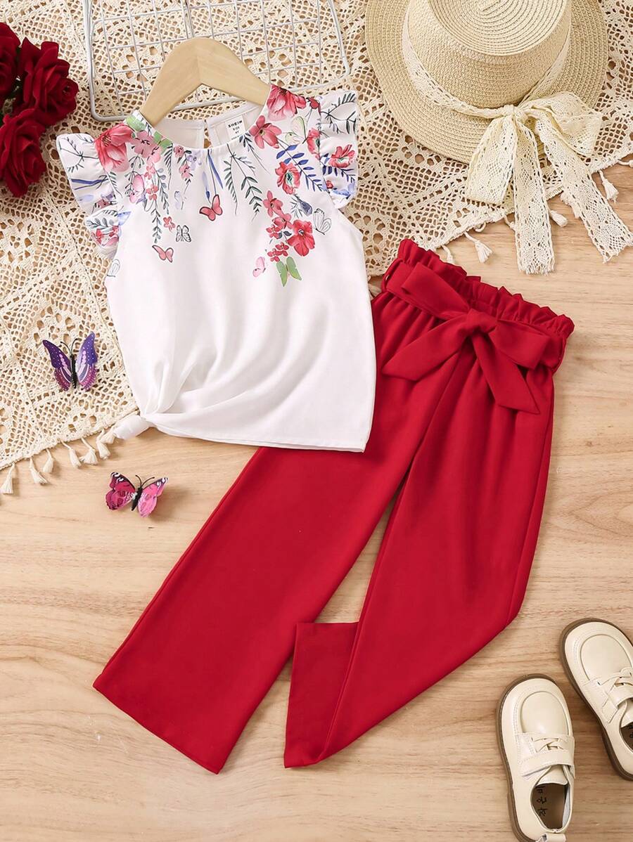 SHEIN Conjunto de 2 piezas con blusa de cuello redondo y estampado floral, y pantalones con cintura paper bag para niñas jóvenes - Multicolor - Ver 1