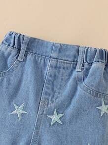 SHEIN Playful Pals 嬰兒女孩夏季新款上衣和簡約星星刺繡牛仔套裝