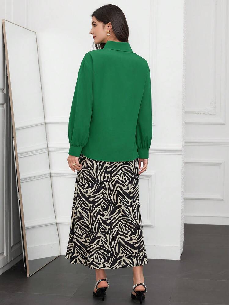 Women's Solid Color Shirt And Printed Mermaid Skirt Two-Piece Set