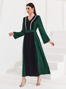 Al Najma Color Block Weaving Belt Patchwork Flare Sleeve Dress