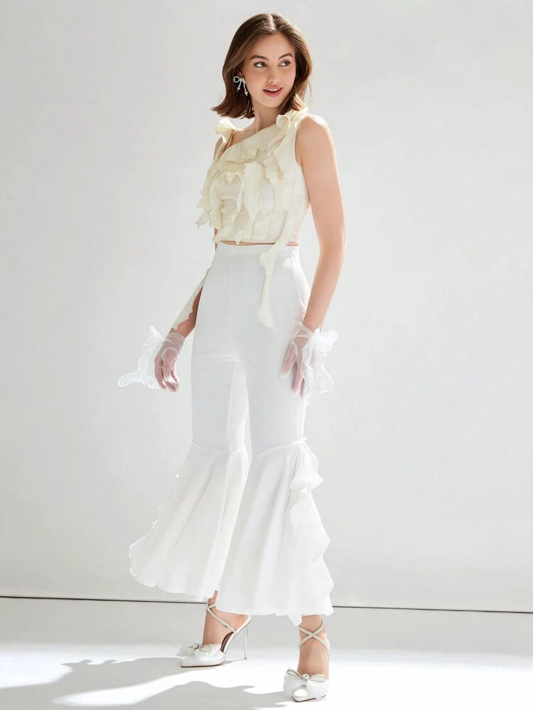 Blusa Tessuta Informale Con Spalle Asimmetriche Ed Orlo Sfrangiato, Top Estivo Per Concerti