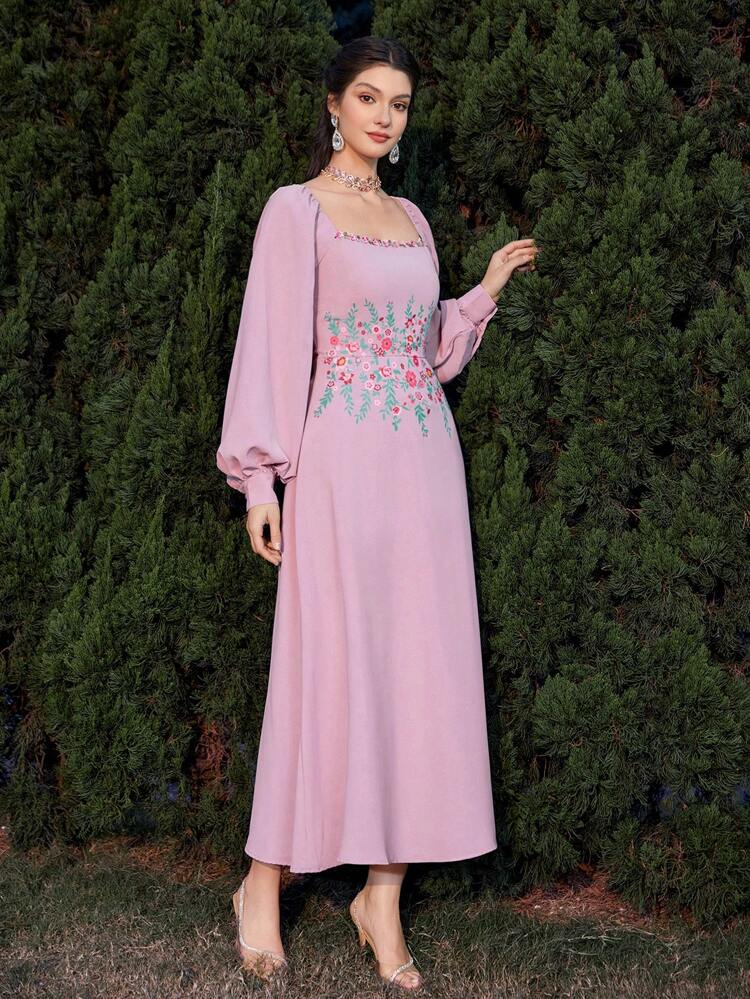 Women'S Lantern Sleeve Dress With Flower Print Eid Dress