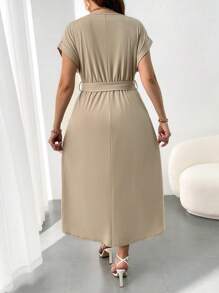 Flirla Plus Size Women's Batwing Sleeve Dress With Asymmetrical Hem - Apricot - View 2