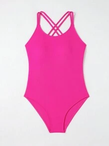 Teen Girls' Crossed Back One Piece Swimsuit With Ribbed Details - Hot Pink - View 3