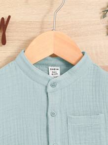 SHEIN Đứa bé trai Giải trí Thoải mái Áo sơ mi & Quần short Màu thuần - màu xanh lá - Xem 3