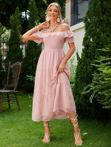 Simplee Women Off-The-Shoulder Ruffle Hem Dress - Pink - View 5
