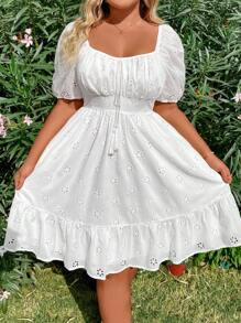 Sunnyshic Plus Size Elegant Pleated Chest Cutout Embroidered Dress Vacation Beach Outfits Women