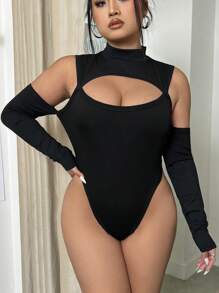 SHEIN ICON Plus Size Y2k Black Bodycon Cut Out Shoulder Bodysuit - Black - View 4