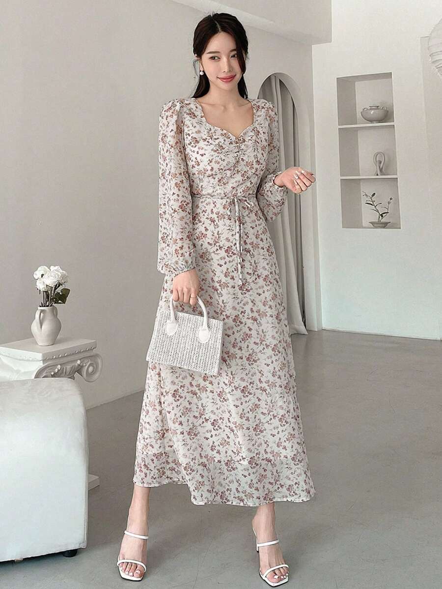 DAZY 女士灯笼袖迷你碎花连衣裙，荷叶边，秋季长袖连衣裙，度假装扮 - 白色 - 查看 1