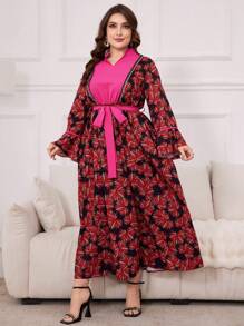 Al Najma Plus Size Floral Print Notched Collar Dress With Waist Belt, Arabic Clothing Kaftan Jalabiya Dress - Multicolor - View 4